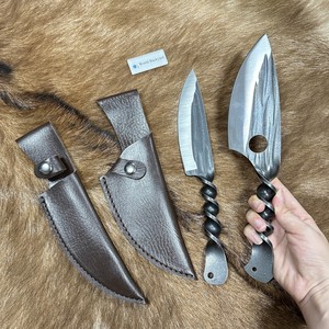 Coltello pieno con manico in acciaio integrale attorcigliato con manico in acciaio con custodia in pelle - Product Image 5