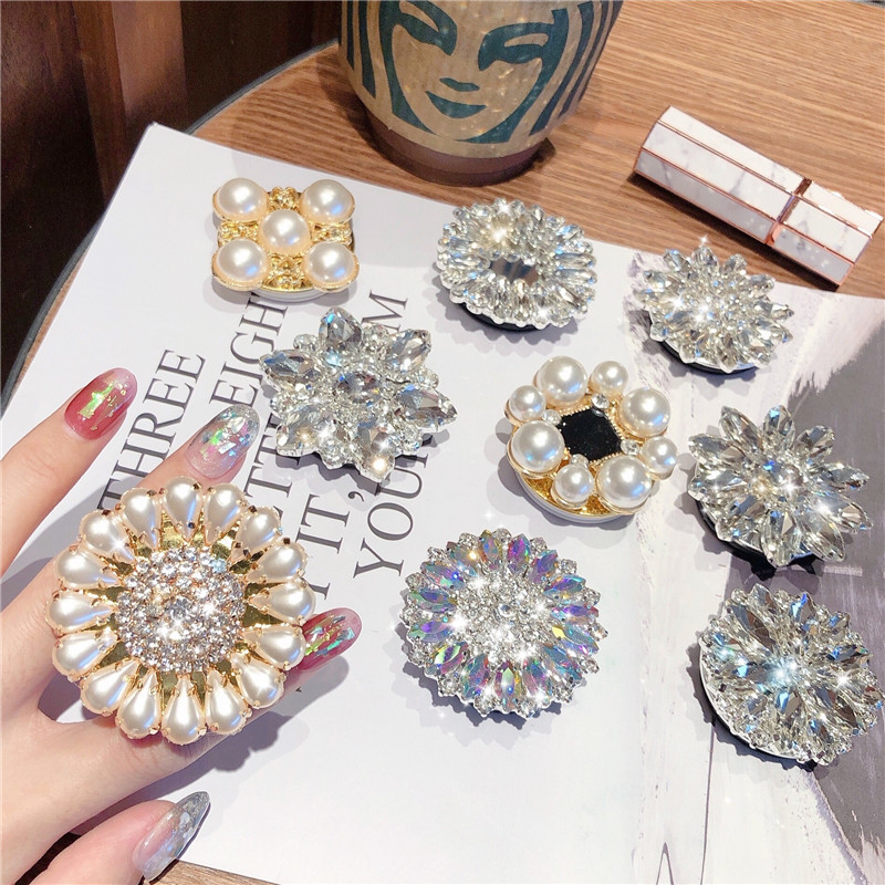 Luxury Diamond hot sale ins irregular diamond clear crystal pearl jewel popular up phone grips phone holder