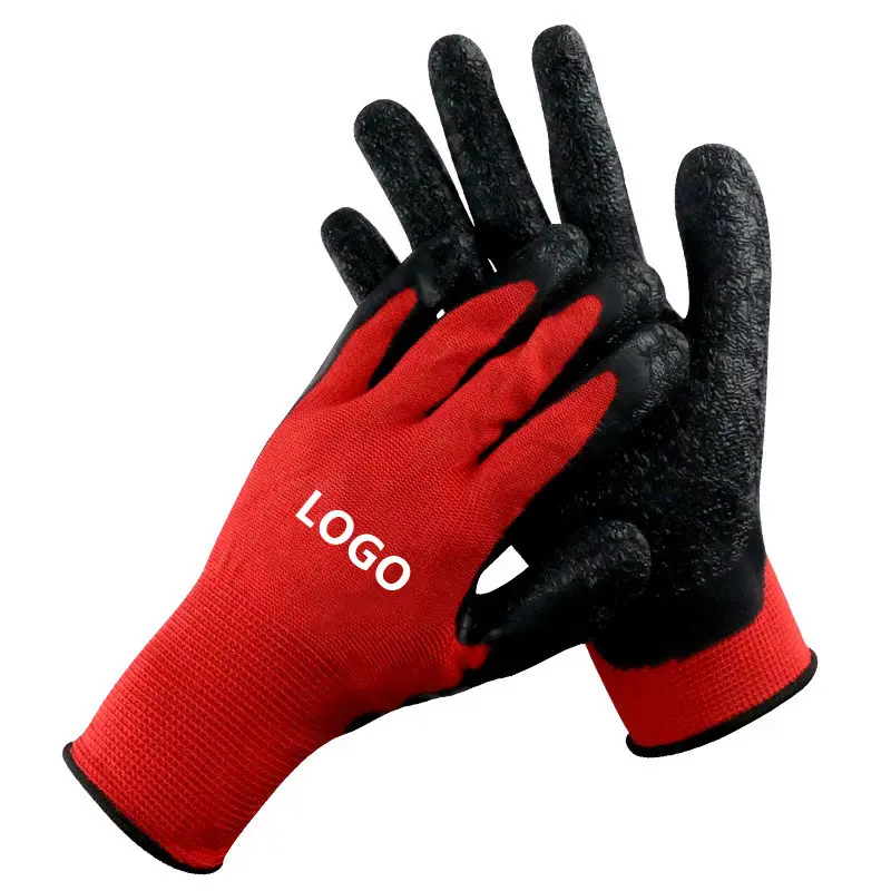 OEM Knitting Gloves Vendor Construction Mechanic Working Safety Black/Red 13G 50gr Crinkle Finish Latex Coated Knitted Gloves
