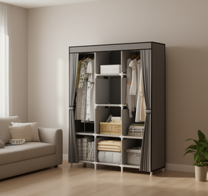 Armadio Portatile a Tre Strati Grigio con Tende per Conservazione Vestiti, Design Minimalista per Camera da Letto, Telaio in Plastica, Tessuto Non Tessuto - Product Image 2