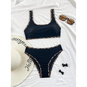 FOXA Conjunto de bikini de 2 piezas para mujer, cuello redondo, con ribete en contraste, tirantes finos, traje de baño de cintura alta - Product Image 3
