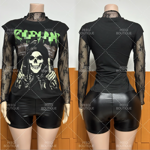 Женский комплект из 3 предметов: майка с графическим принтом, длинный рукав, кружевная прозрачная футболка и шорты из искусственной кожи. Новинка осеннего сезона, повседневный стиль. - Product Image 4