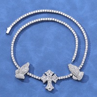 Collier chaîne tennis hip-hop en laiton plaqué or et argent, entièrement serti de zircone cubique, avec pendentif double croix connectée, pour hommes et femmes
