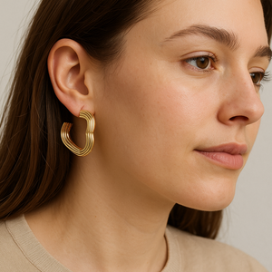 Pendientes de Aro con Forma de Corazón Acanalado |   Acero Inoxidable Chapado en Oro PVD de 18K |   Aros en capas impermeables, hipoalergénicos y duraderos para mujer - Product Image 6