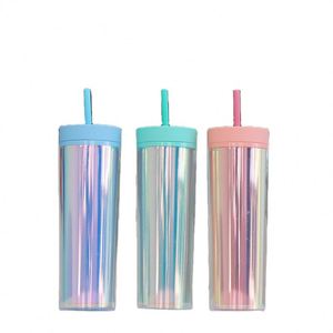 Gobelet isotherme personnalisé 16oz 500ml sans BPA, double paroi, en plastique, 450ml, effet laser irisé, avec paille - Product Image 1