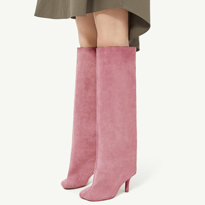 Bottines hautes en daim pour femmes à talons fins et bas, couleur unie, bout carré, personnalisables - Product Image 3