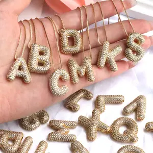 Nueva moda 18K chapado en oro latón circón pequeño grueso Puff burbuja gordito globo alfabeto inicial letra colgante collar