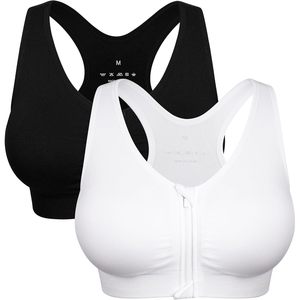 Soutien-gorge de sport pour femme à fermeture éclair sur le devant, dos nageur, col rond, sans armatures, pour yoga et fitness, taille moyenne, blanc et noir - Product Image 1