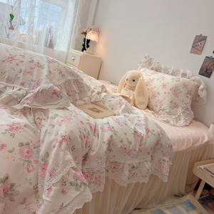 Set di Biancheria da Letto in Cotone Stile Pastorale Coreano con Rose <span class=keywords><strong>Rosa</strong></span>, <span class=keywords><strong>Copripiumino</strong></span> a Doppio Strato con Volant e Pizzo Traforato - Product Image 6