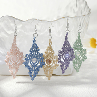 Anting-anting gantung bunga renda rajutan tangan unik artisan macrame, tali tali anyaman, gaya hippie, pernikahan, dengan pengait S925
