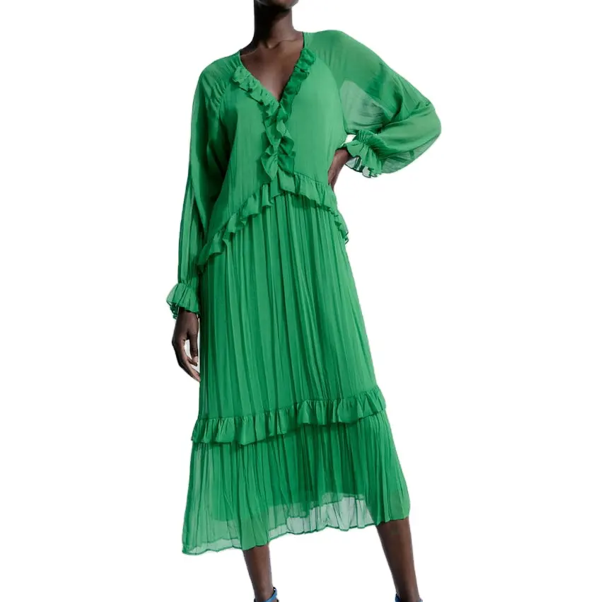 Custom wholesale Chiffon Casual Dresses ruffle dress V-neck green lady vintage oversize boho Plus Size long dress