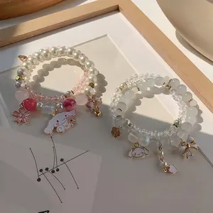 Pulseira Korean Mori Crystal Beads Pearl Bracelet Elastic Rope Bracelet Dog Bow Flower Pendant Charm Adjustable Bracelet Girl