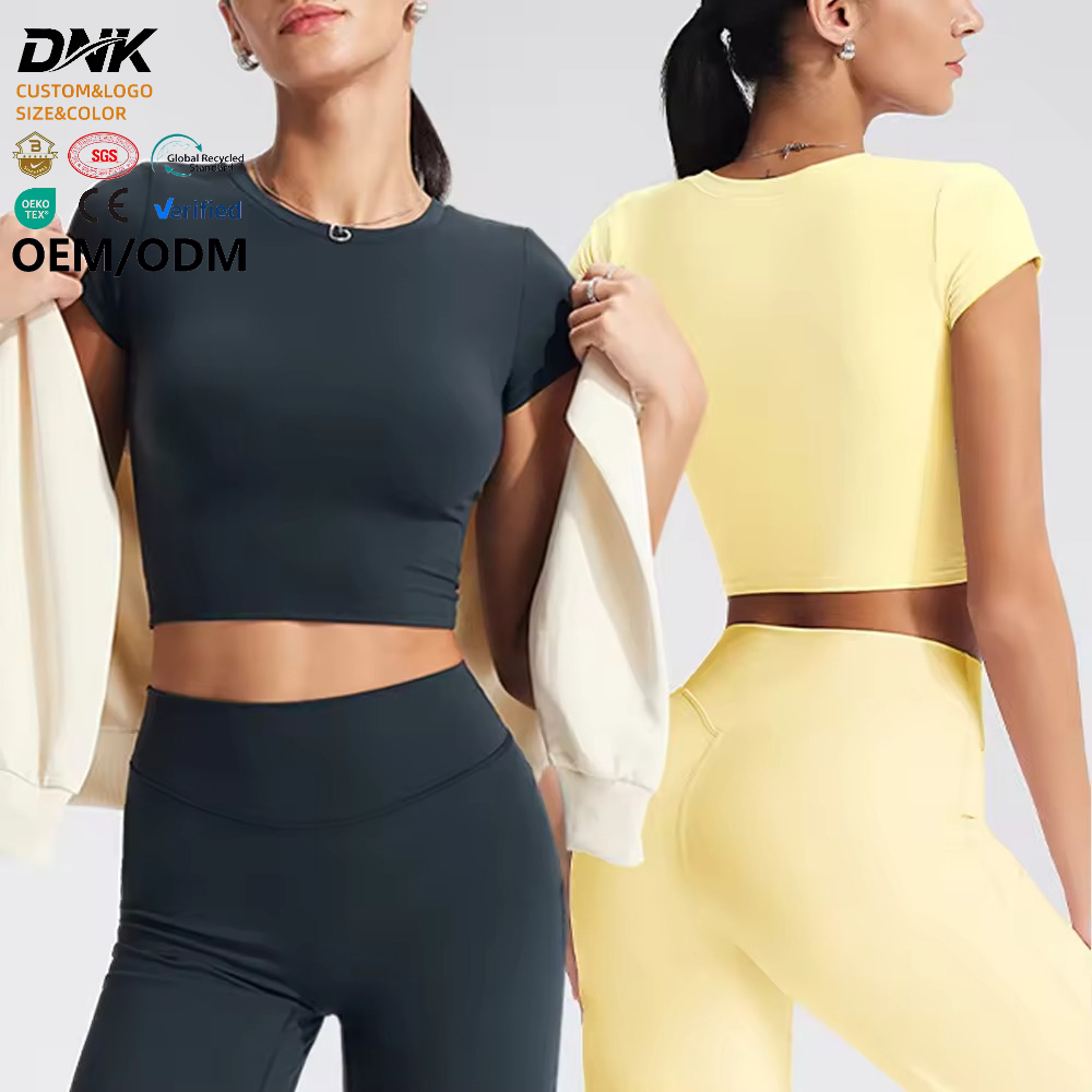 DNK0347 Wholesale Custom Logo Solid Short Sleeve Crew Neck Workout No Padding Gym Sports Fitness Yoga Crop Top