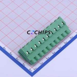 DB910R-6.35-10P-GN-S Screw Terminal Block Bent Lead Through Hole,P=6.35mm Connector 1x10P 6.35mm Green Right Angle Insert - Product Image 1