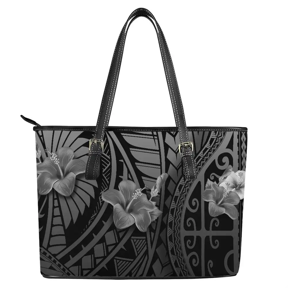 Polinezya dövme tarzı ile çiçekler Hibiscus deri Satchel çantalar çanta kadın deri bayan üst kolu kol çantası