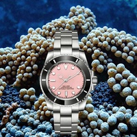 Montre de plongée mécanique à cadran rose, lumineuse, analogique, avec verre saphir, lunette en céramique, bracelet en acier inoxydable, 10 bars