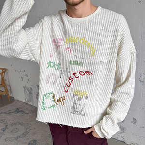 T-Shirt Termica in Cotone Bianco Personalizzata, Oversize, Pesante, con Stampa, Maniche Lunghe per Uomo, Stile Casual a Maglia Waffle - Product Image 4