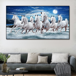Decorazione soggiorno Vastu stampa su tela paesaggio blu <span class=keywords><strong>con</strong></span> animali che corrono arte moderna da parete 7 pittura a cavallo - Product Image 1