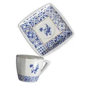 Copo de café luxuoso personalizado e molhador fantasia azul e branco design de porcelana