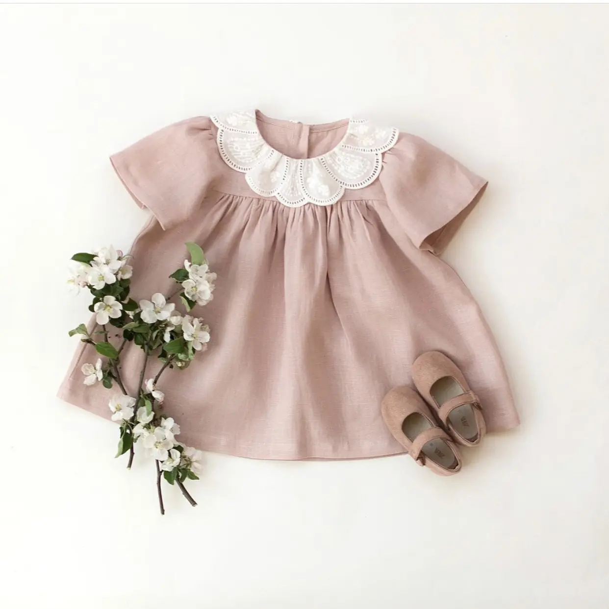 Hot Sale Toddler Girls Floral Embroidery Peter Pan Collar Baby Doll Dress Children's Baby Cotton Short Sleeve Dress Pink