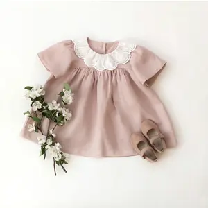 Schlussverkauf Kleinkinder Mädchen Blumen stickerei Peter Pan Kragen Baby-Puppenkleid Kinder Baby Baumwolle Kurzarm-Kleid rosa