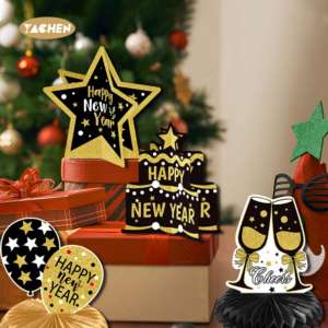 YACHEN Nouveauté Arrivée Nouvel An Fête du Nouvel An Fournitures <span class=keywords><strong>de</strong></span> fête 9 pièces Noir Or Nouvel An Décorations <span class=keywords><strong>de</strong></span> <span class=keywords><strong>centre</strong></span> <span class=keywords><strong>de</strong></span> <span class=keywords><strong>table</strong></span> en nid d'abeille - Product Image 2
