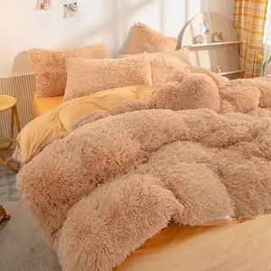 Hot Sale 9 color 4pcs plush shaggy faux fur fluffy mink wool velvet bed sheet comforter sets bedding set