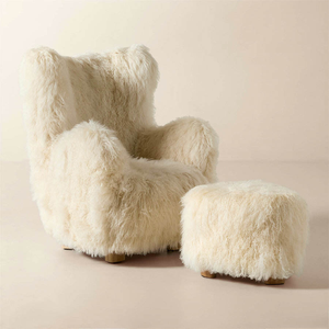Sillón Individual de Tela de Peluche Blanco con Respaldo Ergonómico y Patas de Madera Maciza - Product Image 1