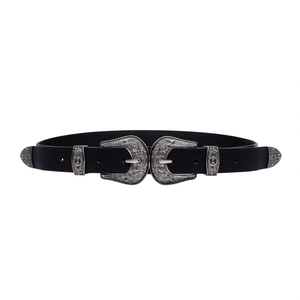 Ceinture en cuir véritable 100 cm noire et marron style western avec boucle argentée pour femmes et hommes - Product Image 1