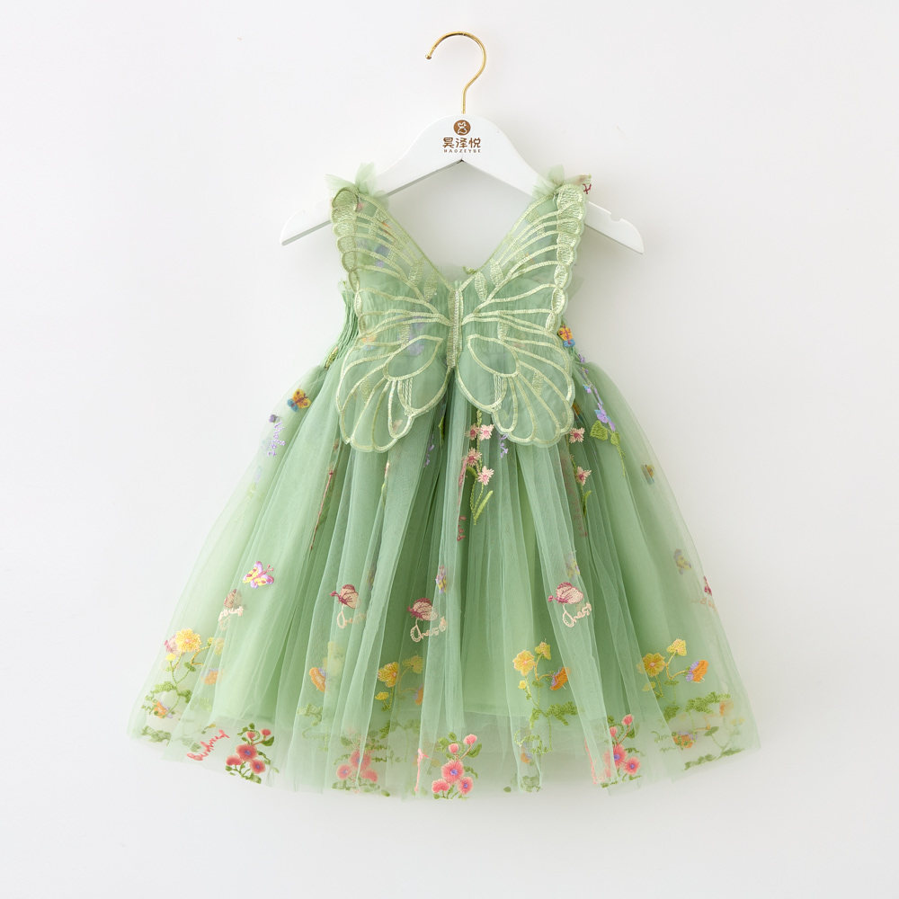 Abito in Tulle da bambina con ricamo floreale verde