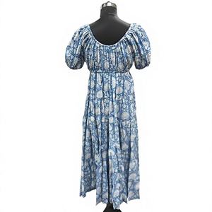 Vestido Maxi Boho de Algodón Tejido con Estampado Floral Azul, Manga Abullonada, Cintura Imperio, Corte A, para Uso Diario, con Cuello Cuadrado, Ajuste Relajado y Tejido Transpirable - Product Image 3