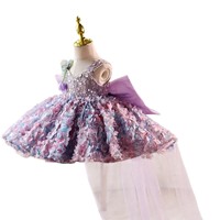 Robe Tutu à Paillettes pour Filles, Robe de Soirée Sans Manches à Pétales 3D, Tenue de Princesse Violette avec Nœud Papillon au Dos pour Enfants