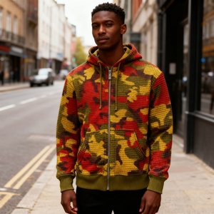 Sweat à capuche zippé personnalisé motif camouflage gaufré, DTG, style streetwear, épais, coupe oversize, délavé à l'acide, effet vieilli, brodé, unisexe, hiver - Product Image 3