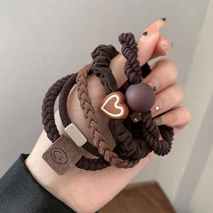 Ensemble de chouchous <span class=keywords><strong>élastique</strong></span>s tressés <span class=keywords><strong>avec</strong></span> cœur et smiley, à lacets, marron et noir, simples et tendance, adaptés à un usage quotidien pour femmes - Product Image 6