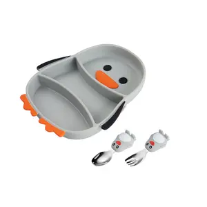 Penguin Design 100% Food Grade Silicone Baby Suction Plate For Feeding Plate Set