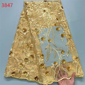 ผ้าลูกไม้ฝรั่งเศสคุณภาพสูง 3847 ประดับเลื่อม 5 หลา ผ้าลูกไม้ตาข่ายหรูหราปี 2024 ผ้าลูกไม้แอฟริกันสำหรับชุดแต่งงานผู้หญิงแบบไนจีเรีย - Product Image 3