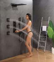 Système de douche encastré noir mat 2-en-1 avec pommeau pluie et cascade, 3 jets de massage corporel, douchette à main, 4 fonctions, ensemble de salle de bain