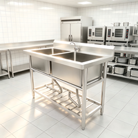 Évier de cuisine professionnel en acier inoxydable à double bac, autoportant, pour hôtels et restaurants (vente en gros)
