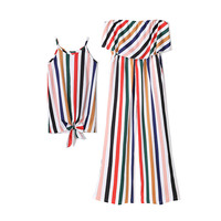 L'été Maman et Fille Tenues de Plage Arc-En-Ciel Rayé À Volants Combinaisons Femme Filles Noeud Robe