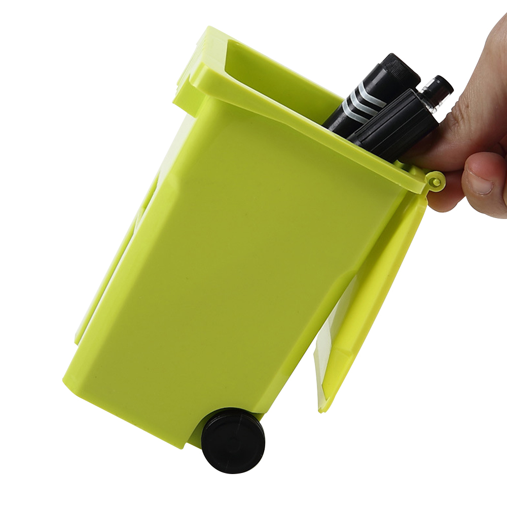 Creative mini trash can shape open lid wheels square PP plastic pen holder desk organizers wholesale
