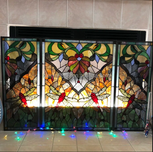 Stained Glass Fireplace <b>Screen</b> 3 Panels Dragonfly Design Traditional Decor Rectangle Shape Durable Artistic Decoration - Product Image 2
