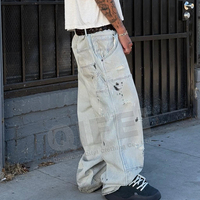 Pantalon en jean ample et décontracté à rayures vintage personnalisées, style charpentier, en toile de canard, coupe large, effet vieilli, pour homme