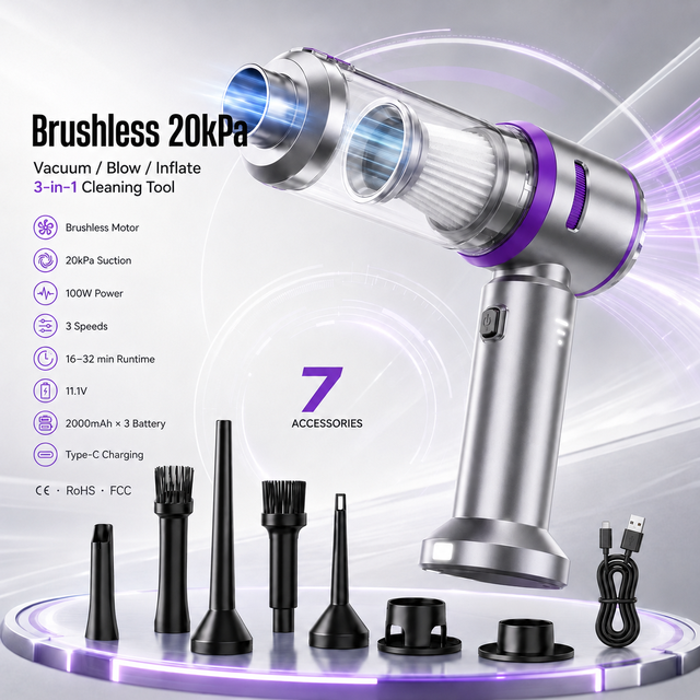 20kPa Brushless Cordless Handheld HEPA Filter Dry Vacuum Cleaner 3-in-1 Portable Mini Car Air Duster Blower Inflator Home Office