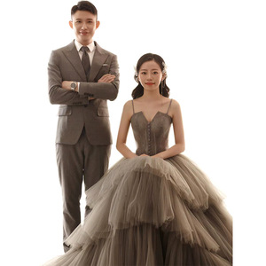 Elegant Gray Ball Gown <b>Wedding</b> <b>Dress</b> Sweetheart Neckline Tulle Long Train Natural Waistline Vintage Style Studio Couple - Product Image 5