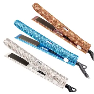 Bedazzled Custom Irons Private Label Titanium Plate Hair Straightener Lcd 450 Degrees Bling Diamond Flat Iron