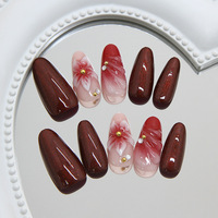 Faux ongles de luxe en ABS, rouge bordeaux profond, avec fleurs 3D sculptées, finition brillante rubis foncé gothique, 30 pièces, forme stiletto, pour soirée