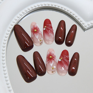 <span class=keywords><strong>Faux</strong></span> ongles <span class=keywords><strong>de</strong></span> luxe en ABS, rouge bordeaux profond, avec fleurs 3D sculptées, finition brillante rubis foncé gothique, 30 pièces, forme stiletto, pour soirée - Product Image 2