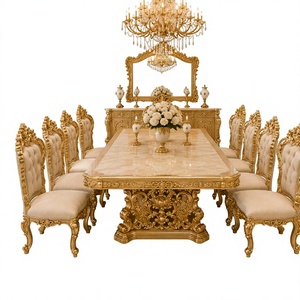 Royal Retro Style Maharaja <b>Dining</b> <b>Table</b> Set Masterpiece Antique Gold Wooden Carved <b>Dining</b> <b>Table</b> <b>with</b> Tufted <b>Chairs</b> for 10 Person - Product Image 1
