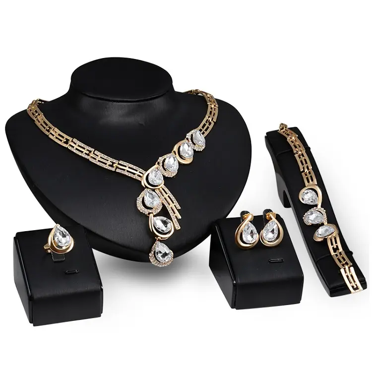4 Piece Women Fashion Jewelry Sets African Luxury Saudi 18k Gold Plated Dubai Water Drop Crystal Wedding Bridal Jewelry Set