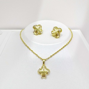 custom plata 925 sterling silver Gold Plated 14k Flower Crystal jewelry sets clover bow wedding women <b>Necklace</b> and Earring Set - Product Image 5
